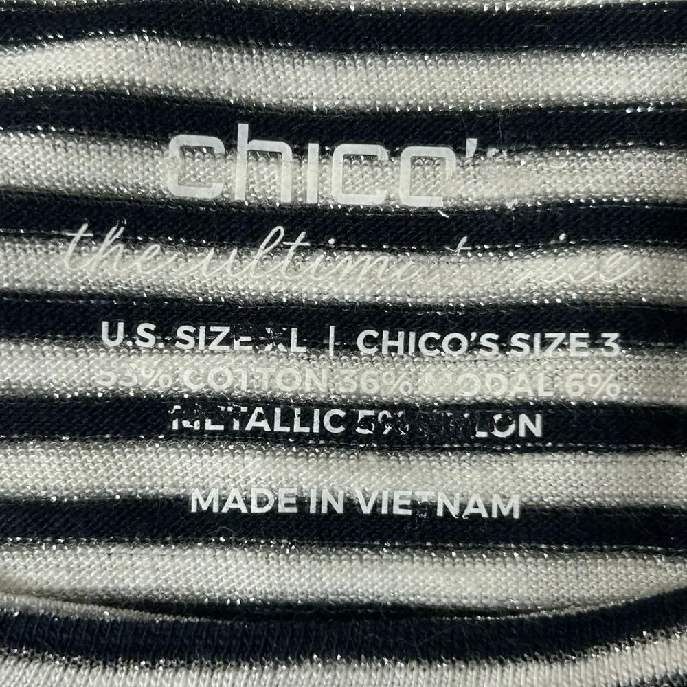 Chico's women Black and White Striped Top with Metallic Accents.cotton modal .